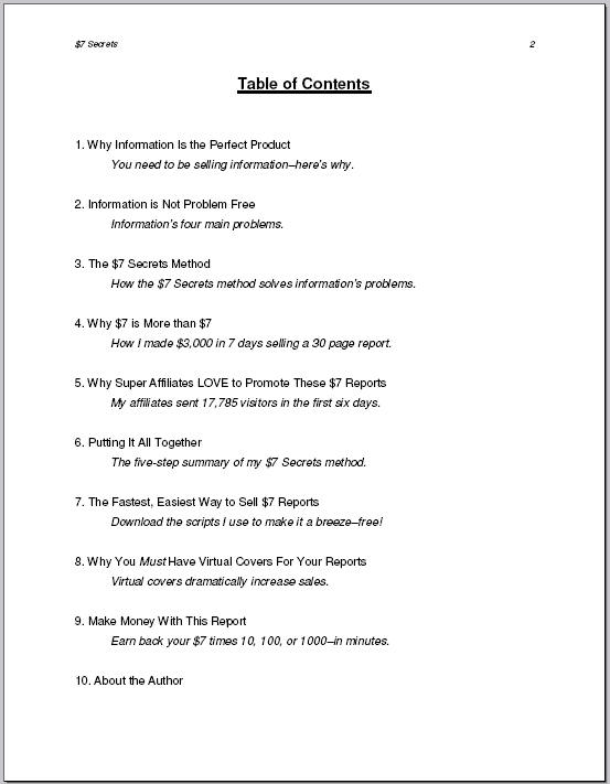 table of contents 7 dollar secrets report